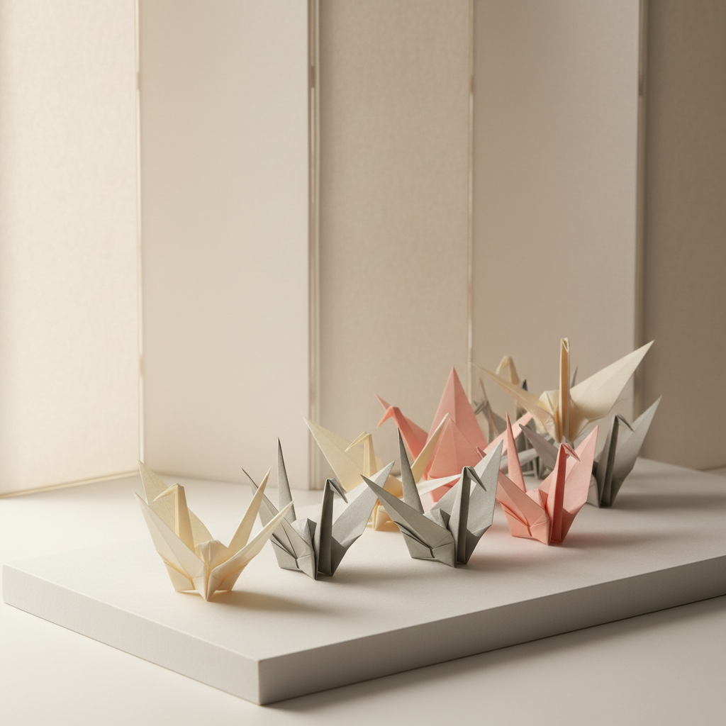 A collection of Japanese washi paper origami cranes in subdued cream, soft grey, and blush pink, each showing subtle fiber textures and flawless creases, presented on a low, matte white platform set against a backdrop of neutral-toned folding screens. Soft, indirect morning light from the left creates delicate highlights on the folds and allows gentle shadows to nestle beneath the cranes. This serene, balanced composition is shot from a slight side angle, with the cranes arranged in a flowing, asymmetrical pattern. The minimalist and clean photographic style complements the professionalism of the educational site, promoting appreciation of East Asian paper arts.