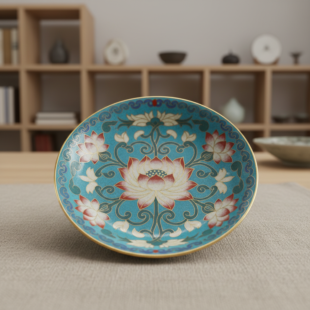A detailed close-up of a Chinese cloisonné enamel dish featuring a symmetrical lotus pattern outlined in fine, gold wires and filled with luminous shades of turquoise, ivory, and soft crimson, set atop a neutral linen cloth. The setting evokes a quiet study or museum workspace, with modular shelving in the blurred background. Diffused daylight from above emphasizes the dish’s glossy enamel and metallic lines, creating elegant, accurate color rendition. The composition uses a centered, shallow depth of field, focusing on the dish and its delicate details. The mood is studious, sophisticated, and respectful, aligning with the clean, corporate photographic realism of the site.