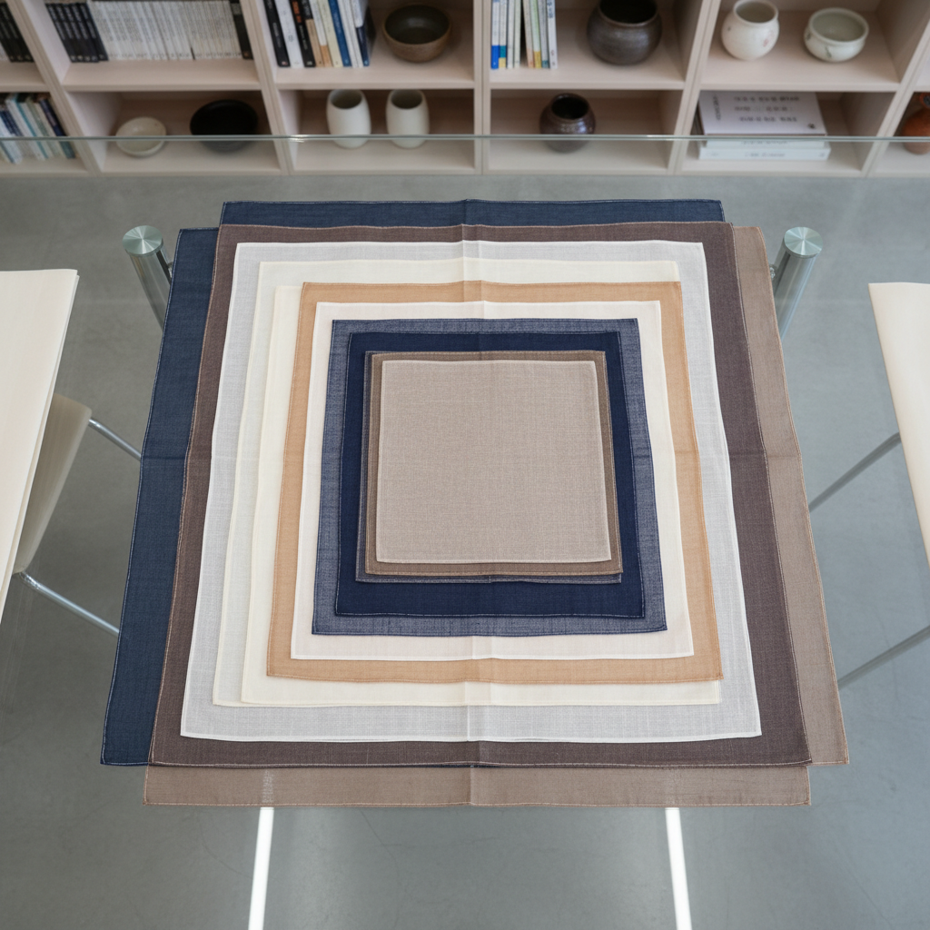 An array of meticulously crafted Korean bojagi textiles, each square folded with crisp edges and showcasing subtle color gradations of indigo, taupe, and pearl white, layered neatly atop one another on a smooth glass table. The surrounding environment is a contemporary learning space, featuring neutral matte walls and organized shelving. Overhead soft studio lighting produces even, shadow-free illumination, highlighting the translucent qualities and fine stitching of each bojagi layer. Viewed from a top-down, bird’s-eye perspective, the structured composition and clean lines evoke professionalism and clarity, supporting educational exploration of textile heritage in East Asia.