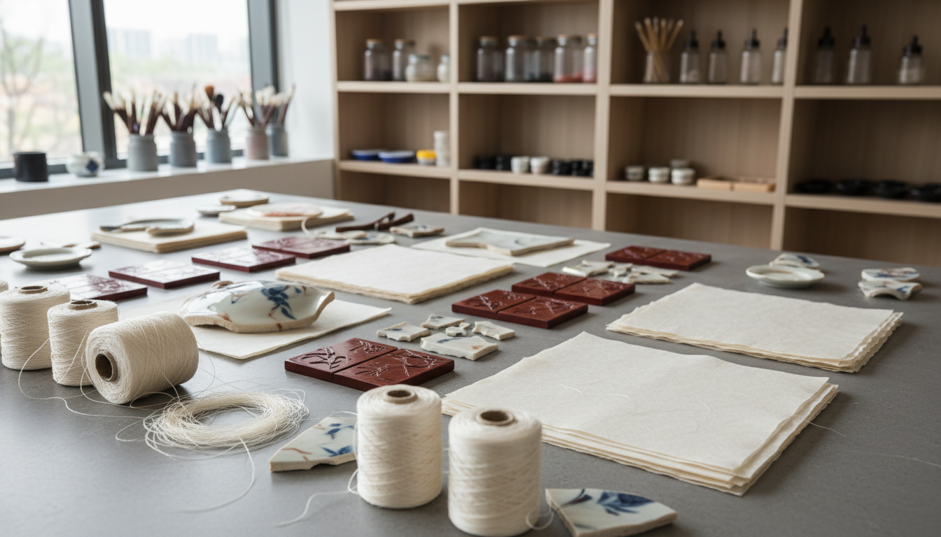 A meticulously arranged collection of traditional East Asian craft materials—raw silk spools, natural rice paper sheets with deckled edges, brushed porcelain shards, and hand-carved lacquered wood tiles—set atop a clean, matte stone tabletop. The environment reflects a contemporary learning studio, with organized supplies on modular shelving in the softly blurred background. Balanced, diffused daylight from above and the side gently highlights each texture, revealing subtle fibers, grain, and sheen. The composition is structured and uncluttered, shot from a slightly elevated angle, with sharp focus on the foreground materials and a neutral palette evoking professionalism, organization, and photographic realism. This image captures the foundational essence of East Asian craft traditions, ideal for educational use.