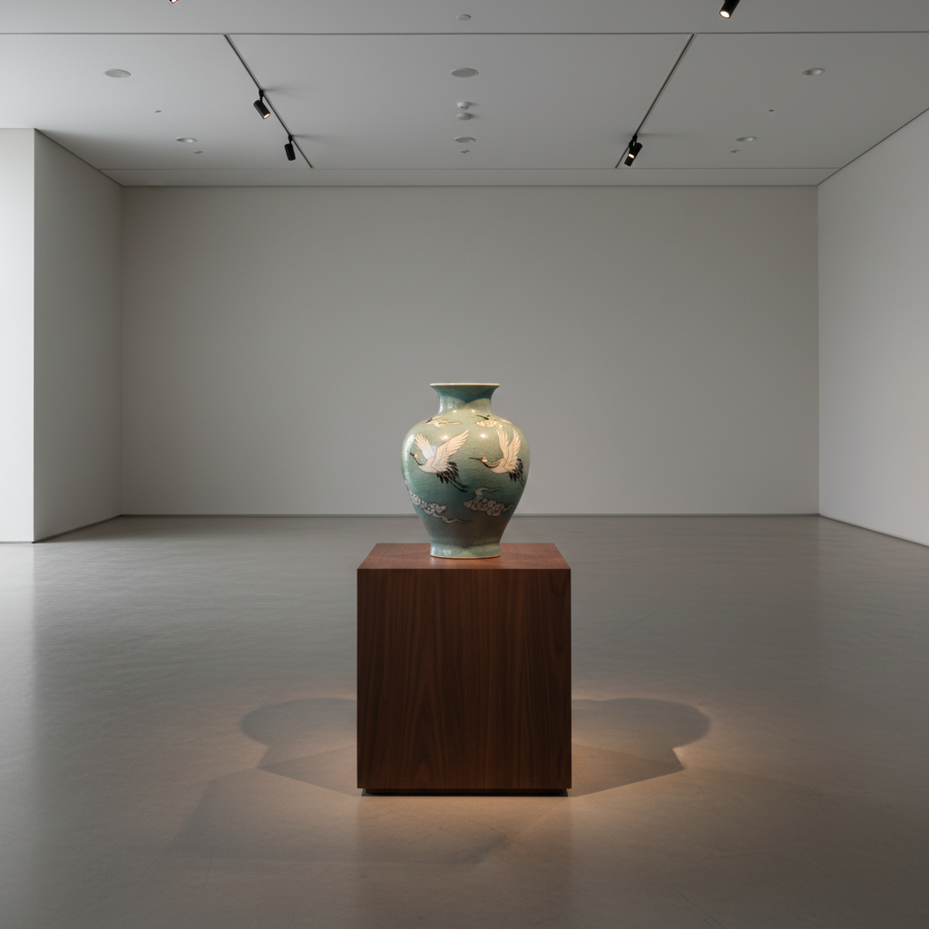 An exquisite Korean celadon pottery vase with a smooth, bluish-green glaze and intricate inlaid cloud crane motifs, positioned centrally on a low walnut display pedestal within a minimalist exhibition space. The room features pale concrete flooring and neutral-toned, clean walls, with discreet LED track lighting creating precise highlights along the vase’s curves and gentle shadows beneath. The atmosphere is calm and reverent, aiding careful observation. Captured at eye level in a centered composition with balanced negative space, the image employs crisp photographic realism and a corporate, gallery-like aesthetic, reflecting the careful curation and prestige of East Asian craft heritage.